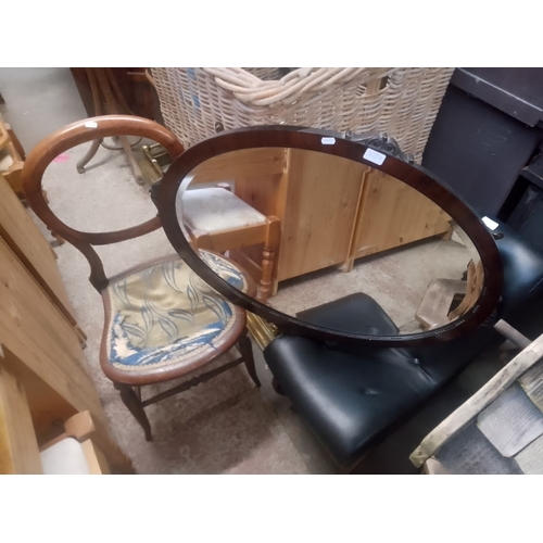 1037 - A mixed lot comprising mid 20th century bedroom chair, Edwardian bedroom chair and a mirror of a sim... 