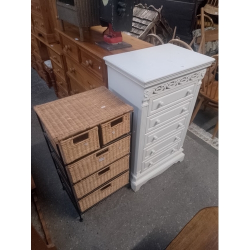 1048 - A white painted chest of drawers together with a wicker and metal set of drawers.