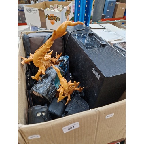 401 - A box of assorted cameras, JVC DAB radio system, mobile phones and dragon ornaments etc.