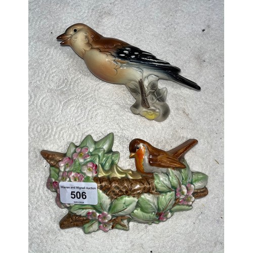 506 - Beswick wall plaque, Robin on branch, model No 572, together with another wall hanging bird figure b... 