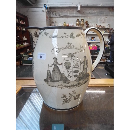 50 - A large Liverpool creamware jug, circa 1800, transfer printed design depicting a farm scene and enti... 