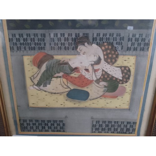 888 - A 19th century Indian erotic watercolour, framed and glazed, 22.5cm x 34cm overall.