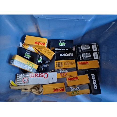 138 - 3 boxes of cameras, accessories, lenses & film (Kodak,Ilford) to include Nikon, Konica, Pentax etc.