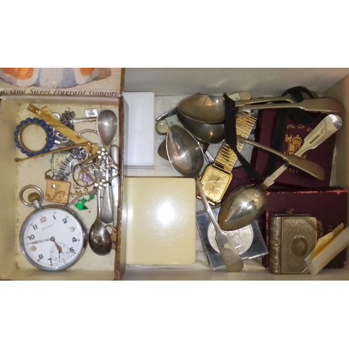 63 - A box of assorted collectables including coins, a GSPT Helvetia pocket watch and other watches, spoo... 