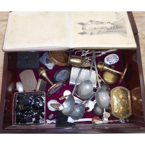 61 - A display case of assorted collectables including snuff boxes, early pewter spoons, etc. etc.