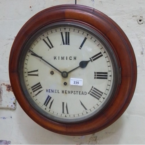 235 - A mahogany cased round fusee wall clock, signed 'Kimich Hemel Hempstead', diameter 41cm.