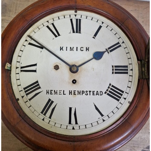 235 - A mahogany cased round fusee wall clock, signed 'Kimich Hemel Hempstead', diameter 41cm.