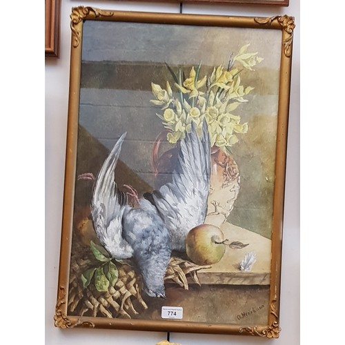 774 - A Henshaw (British, early 20th century), watercolour, sill life, pigeon and a vase of flowers, 36.5c... 