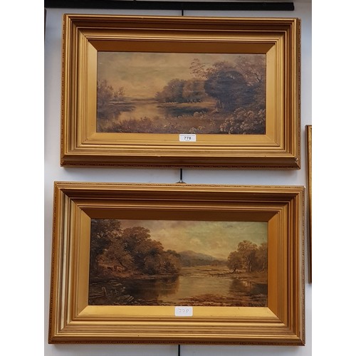 778 - J Langstaffe (British, 1849-1912), pair of oils on canvas, river scenes, 39cm x 19cm, each signed to... 