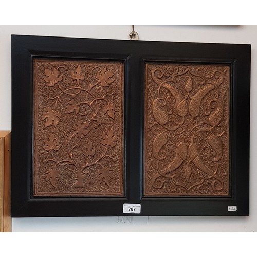 787 - Framed Indian copper relief panels, 52.5cm x 38.5cm (overall).