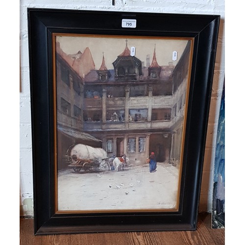 795 - Late 19th century school, watercolour, street scene, 37cm x 52cm, indistinctly signed to lower right... 