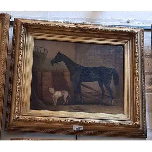 800 - Late 19th/early 20th century school, oil on canvas, horse in stable with dog, 38.5cm x 31cm, unsigne... 