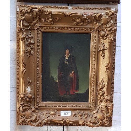 805 - 19th century school, oil on board, full length portrait of a man holding a skull, 16.5cm x 24.5cm, u... 