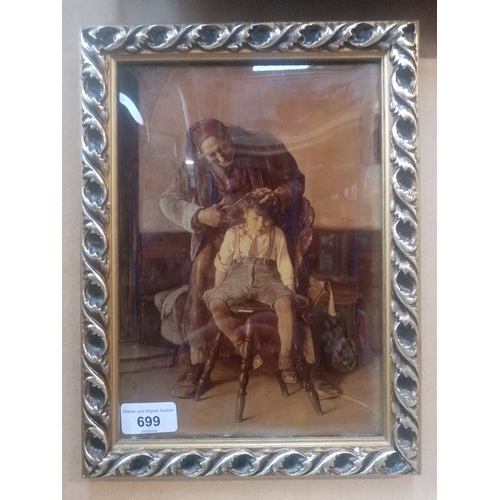 699 - A crystoleum depicting a boy having his hair cut, dated 1900, Munchen, 23cm x 31cm overall.