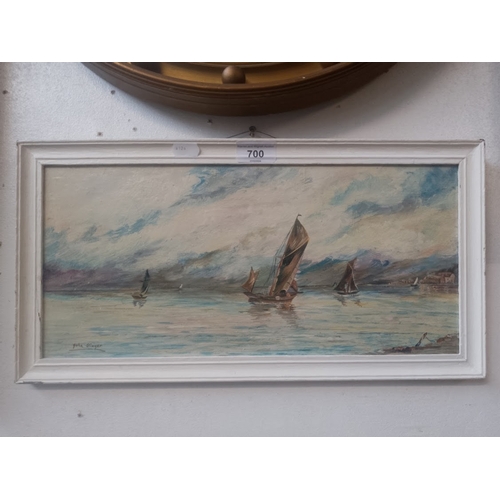 700 - John Singer (British, 20th century), oil on board, sailing boats, 39.5cm x 18cm, signed to lower lef... 