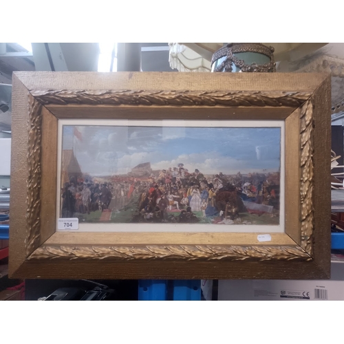 704 - A hand coloured print depicting people at the horse races, framed and glazed, gilt frame, 60.5cm x 3... 