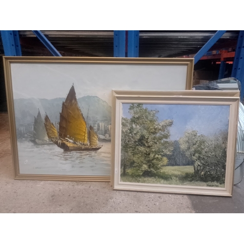 706 - Two oil paintings; a landscape scene with trees, signed 'Winifred Giles' and an Eastern harbour scen... 