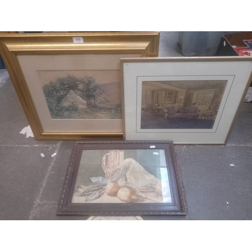 711 - Three watercolours, a still life (unsigned), an interior scene signed 'M Mallorie' and churchyard sc... 