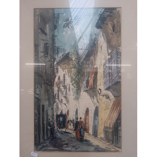 725 - 20th century school, watercolour, street scene, 31cm x 51.5cm, signed 'Truz' to lower right, framed ... 