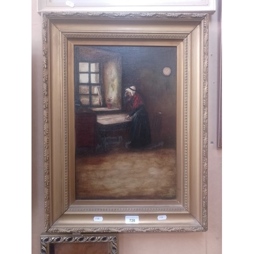 726 - 20th century school, oil on canvas, interior scene with woman by a window, 29.5cm x 45cm, signed 'C ... 