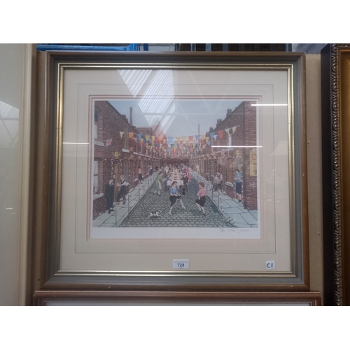 728 - A signed limited edition print after Tom Dodson, 'Coronation Day', 572/850, framed and glazed, 63.5c... 