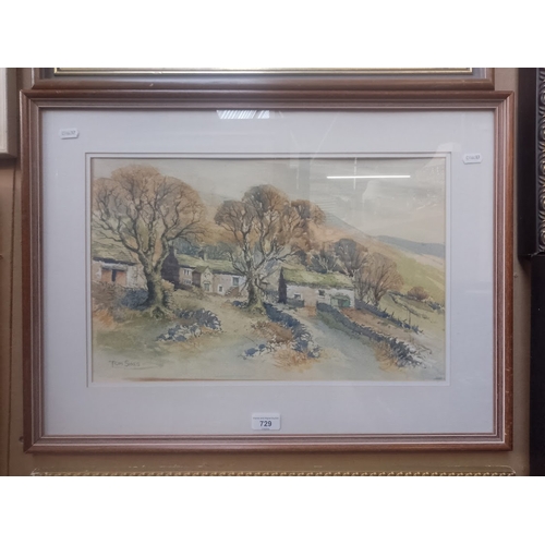 729 - Tom Sykes (British, 20th century), 'Upper Wharfedale Farm Group, Langstrothdale', watercolour, 48cm ... 