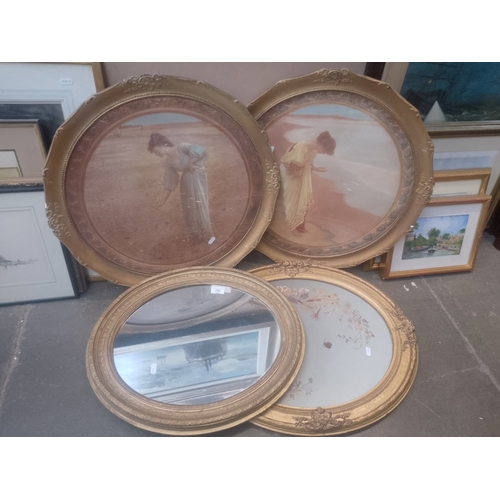 737 - A gilt framed mirror, framed dried flowers and two gilt framed Pre-Raphaelite prints.