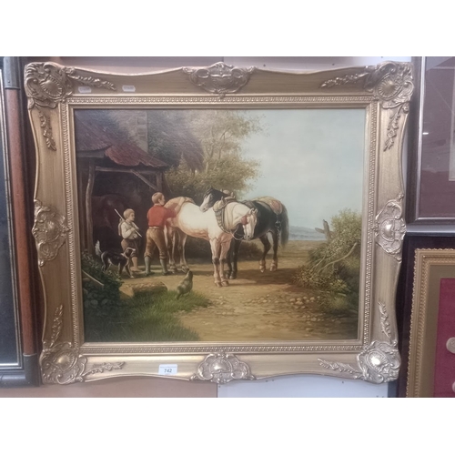 742 - G Robert (British, 20th century), oil on canvas, children with horses, 59.5cm x 49.5cm, signed to lo... 