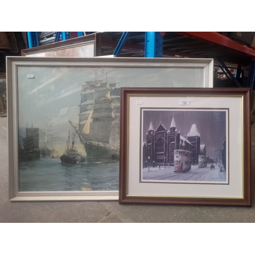 759 - A signed limited edition print after Arthur Delaney and a framed print after Montague Dawson.