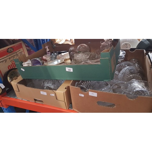 308 - 3 boxes of mainly glass, some pottery, a barometer, vases, bowls, etc.