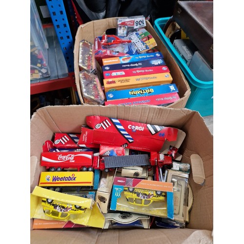 84 - 2 boxes of assorted toys to include boxed Corgi vehicles, boxed Thunderbirds & boxed Primeval toys e... 