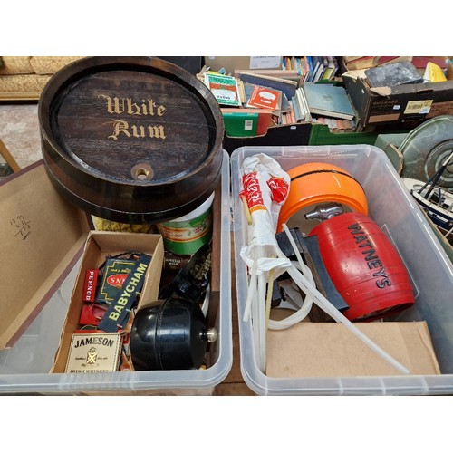 77 - 2 boxes of assorted home bar items to include ice buckets, guiness mirror, pump signs, ashtrays and ... 