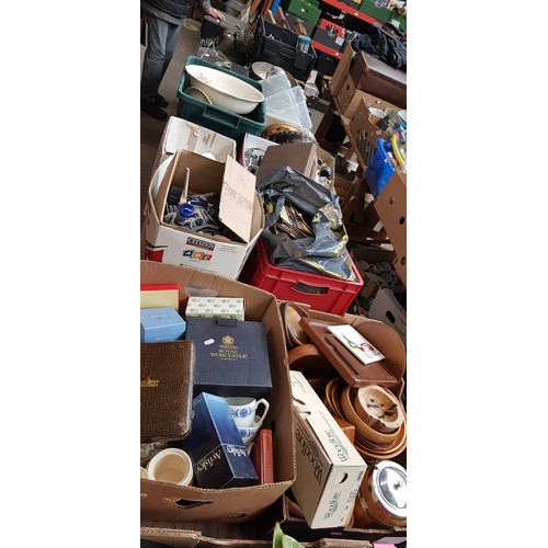 345 - 8 boxes of miscellaneous ceramics, glass, ornaments, musical instruments, 45s, treen, cutlery, potte... 