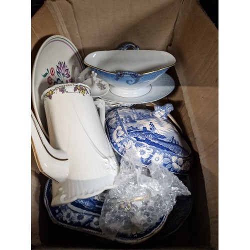 121 - A box of ceramics including Limoges, Minton, Poole, Copenhagen, blue and white, etc.