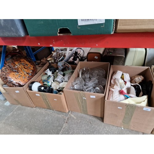 140 - 4 boxes of glass, pottery, haberdashery, clock, soft toys, etc.