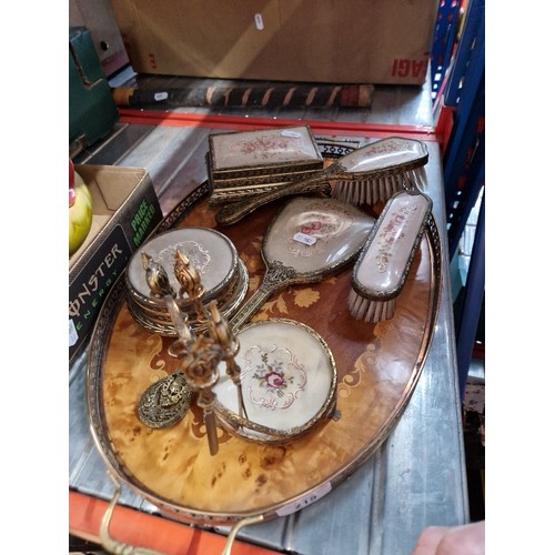 215 - A vintage 2 handle Sorrento ware tray and ladies petit point dressing table set of 6.