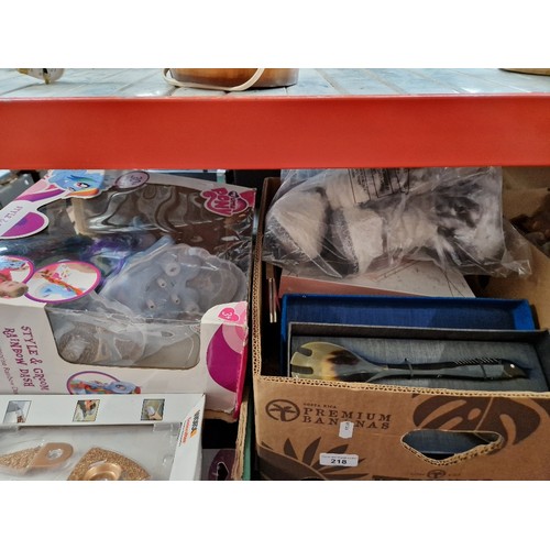 218 - 3 boxes of misc. including soft toys, gift sets, beauty products, electrical items, etc.