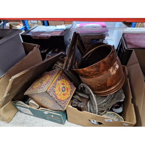 232 - 2 boxes of assorted collectables to include copper & brass buckets, ceramic bottles, tins, snooker s... 