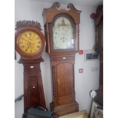 826 - A 19th century long case clock, painted dial with Masonic symbols, pendulum and pair of weights.