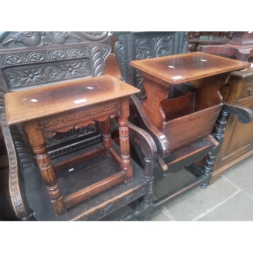 858 - A 17th century style oak joint stool by Titchmarsh & Goodwin together with an aged oak magazine tabl... 