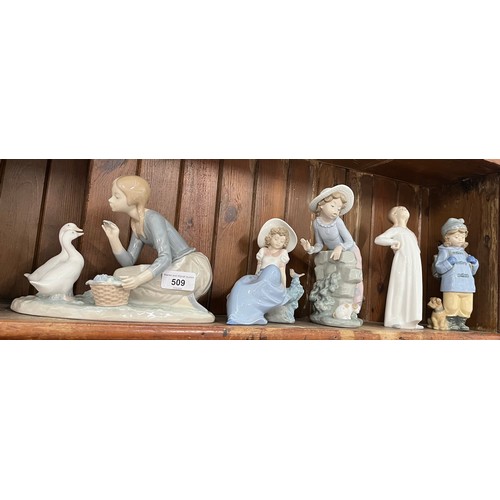 509 - 2 Lladro figurines including ‘Feeding the Ducks’ (length of base 23cm) with 3 other figurines by Nao