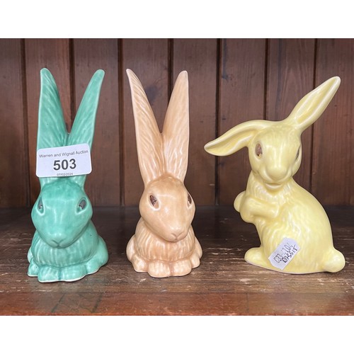 503 - Unusual yellow lop-eared rabbit by Sylvac, no.1302, together with 2 others both no. 1298