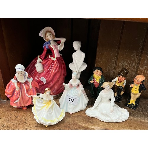 512 - 9 Royal Doulton figurines including Diana, Ninette etc.