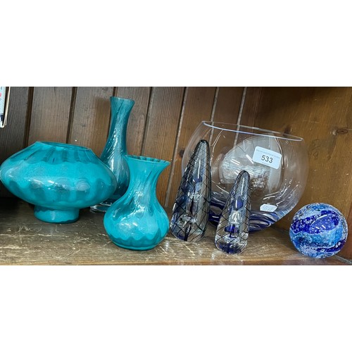 533 - Art glass - 7 pieces by Langham, England, including a large blue and clear glass bowl approx 16cm hi... 