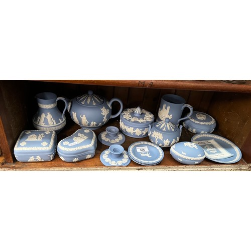 535 - Wedgwood jasper wares - teapot and covered sugar basin with 12 further pieces including egg, jug etc... 