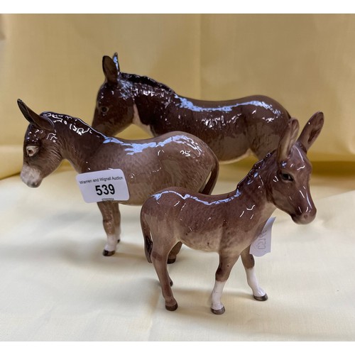 539 - 3 Beswick donkey figures - heights 14, 12 11 cm appx