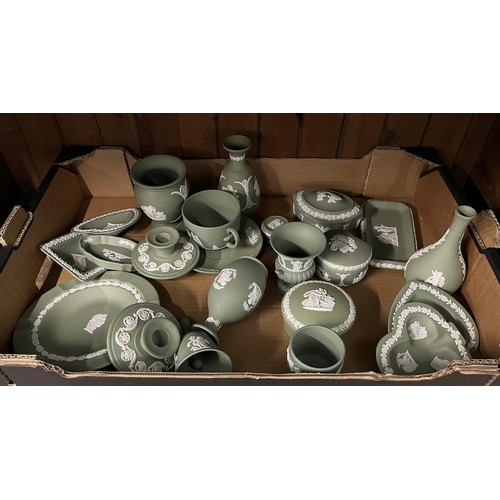 529 - Wedgwood green jasper wares including cup & saucer, lidded boxes, vases, candlesticks etc. (22 piece... 