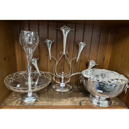 519 - A silver plated punchbowl, ladle, and 6 cups, together with a silver plated epergne and a table cent... 