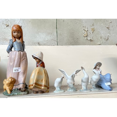 573 - 2 matt finish Lladro figures - Girl with dog (height appx 37cm), Girl with hands behind back (appx 2... 