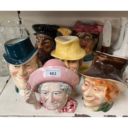 663 - 3 Kingston 'Hull' pottery Dickens character jugs, 2 other large character jugs, and a Bairstow Manor... 